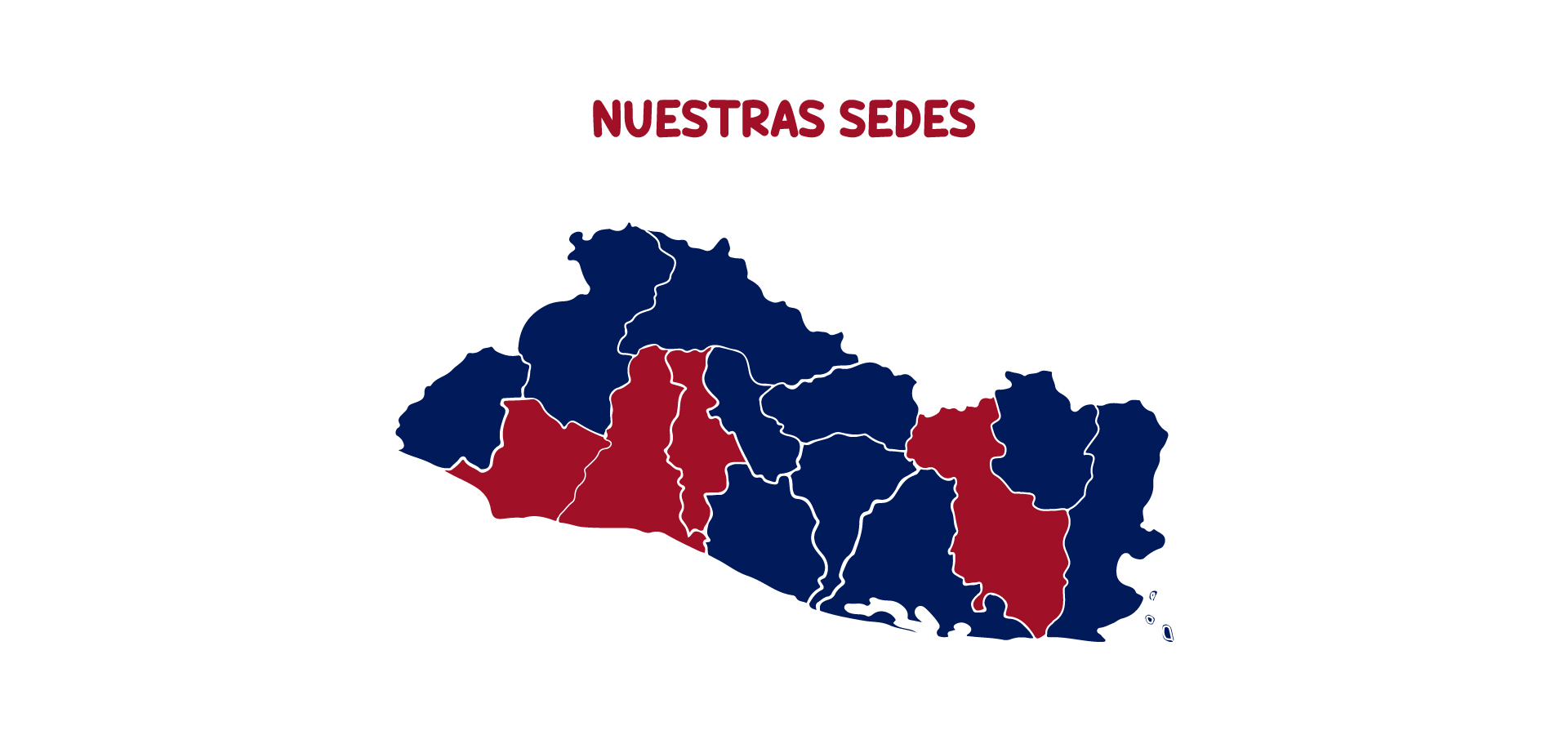 Mapa de El Salvador marcando los departamentos donde se encuentran las sedes